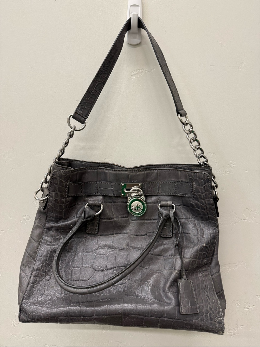 Michael Kors Gray Croc-Embossed Shoulder Tote with Chain Strap